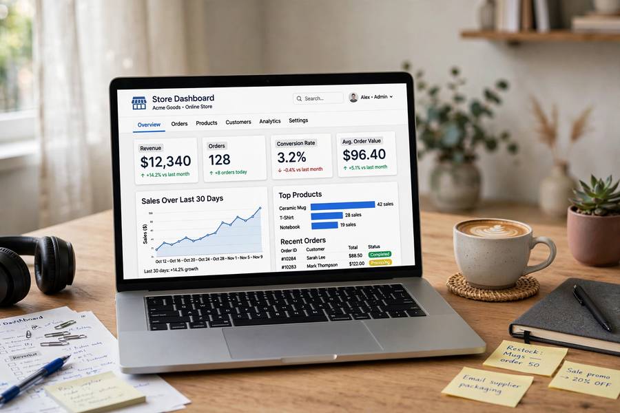 An online store dashboard showing sales on a laptop