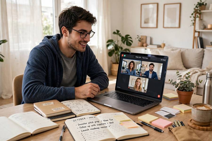 An entrepreneur on a video call from a home office