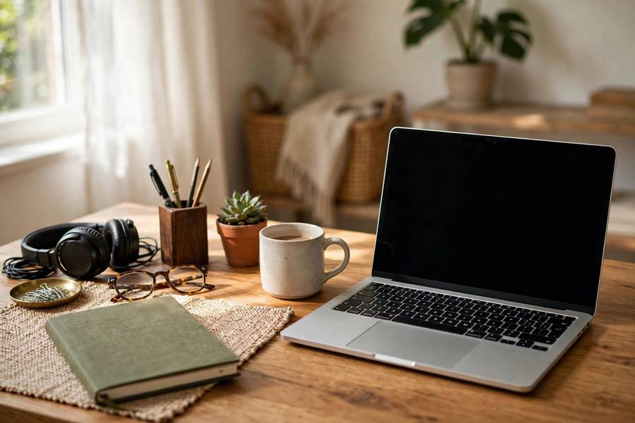 Home office workspace with laptop and organized desk