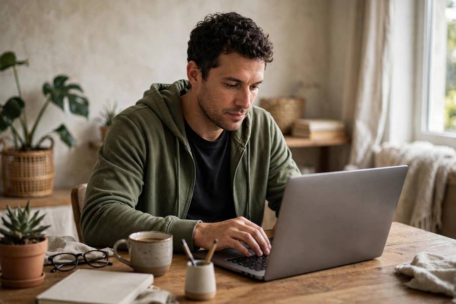 Entrepreneur starting online business on laptop at home