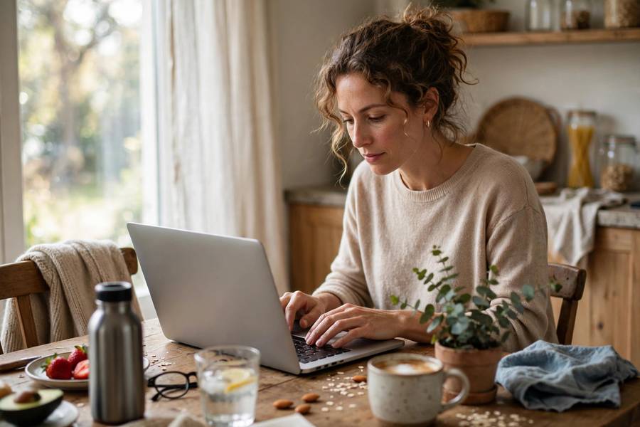Freelancer working from kitchen table with laptop