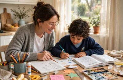 Parent and child learning together at home when learning how to start homeschooling