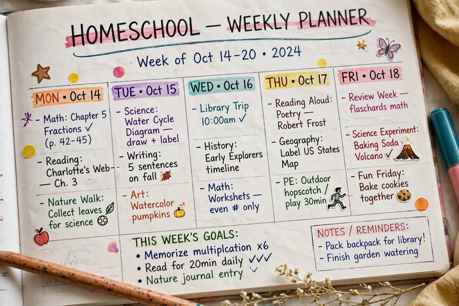 Handwritten weekly planner for a family figuring out how to start homeschooling