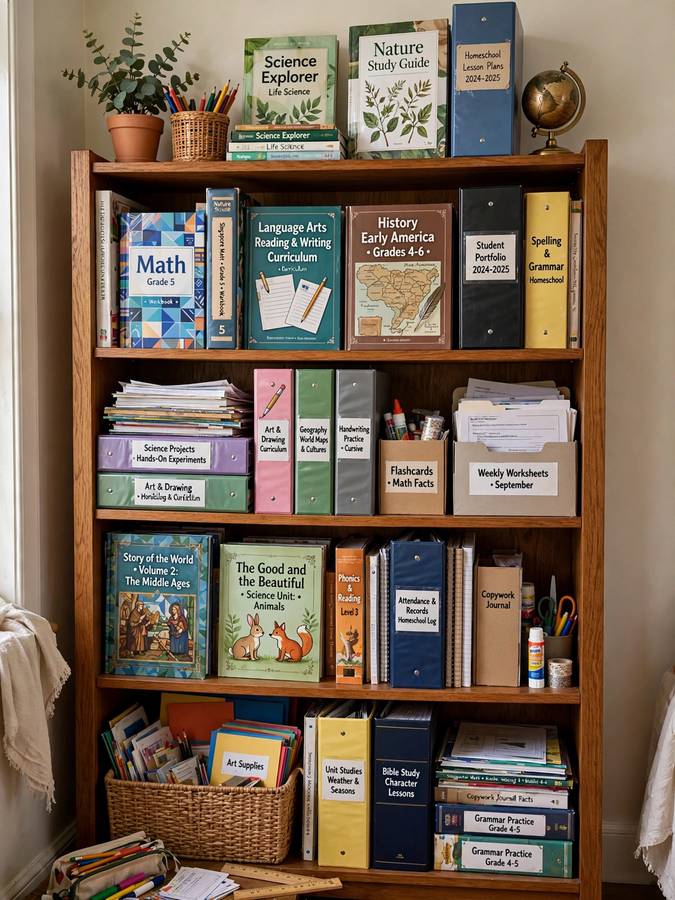 Curriculum books on a shelf for a family that learned how to start homeschooling