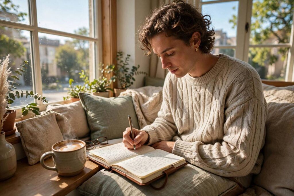 Person journaling at a sunny window seat with coffee