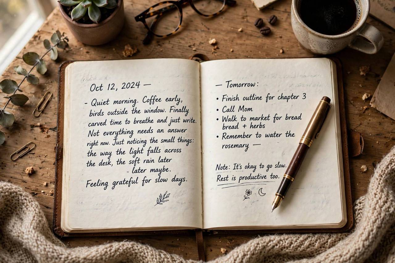 Open journal with handwritten entries and a pen on a cozy desk