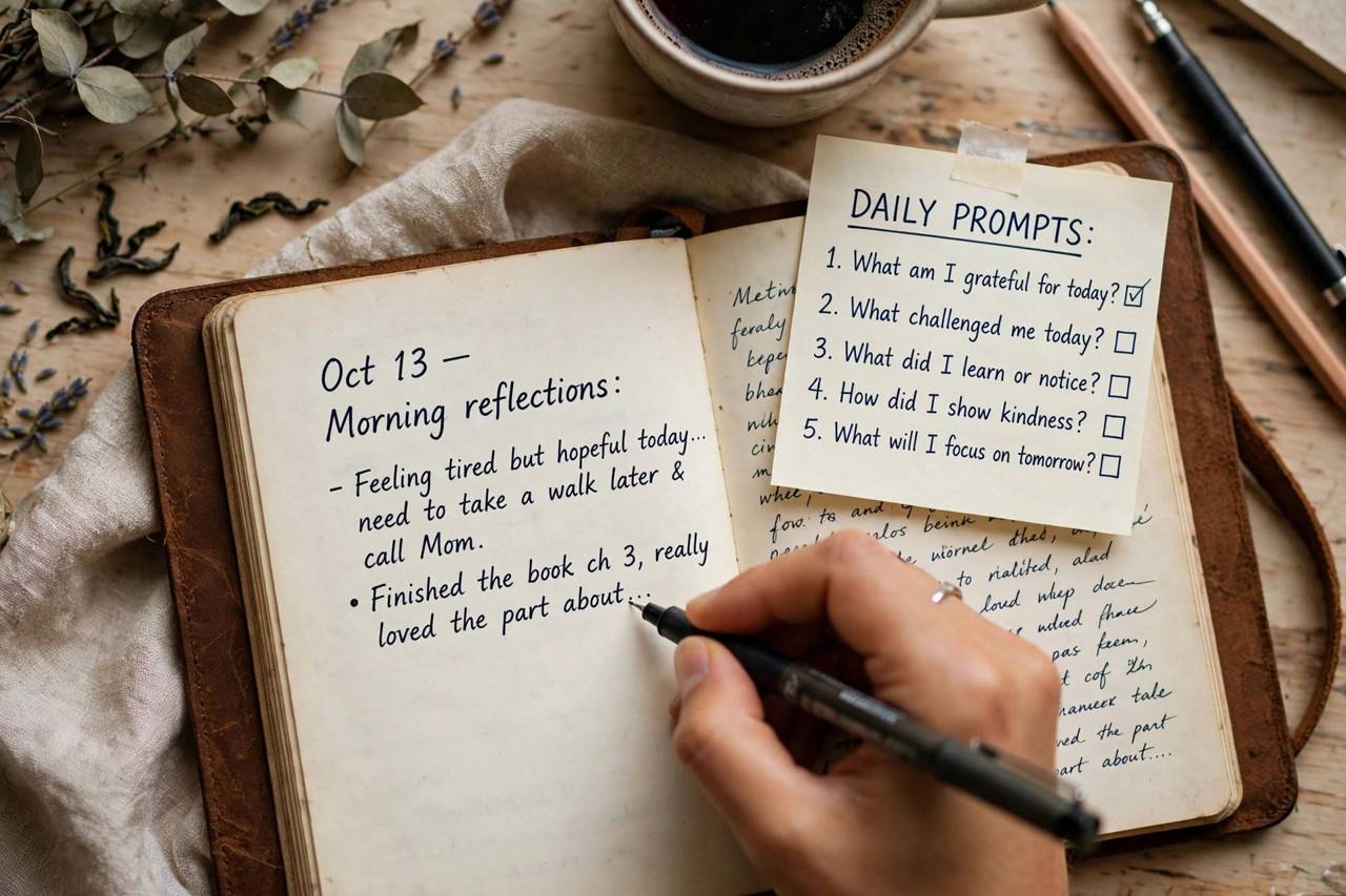 Hand writing in a journal with a list of daily prompts nearby