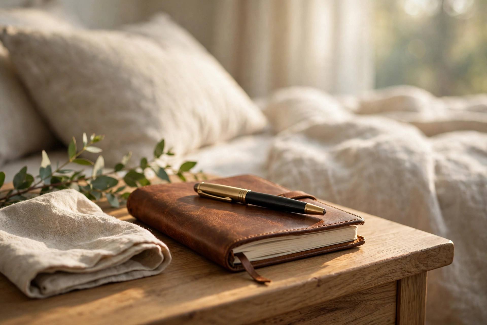 An open journal with a pen on a bedside table in soft morning light