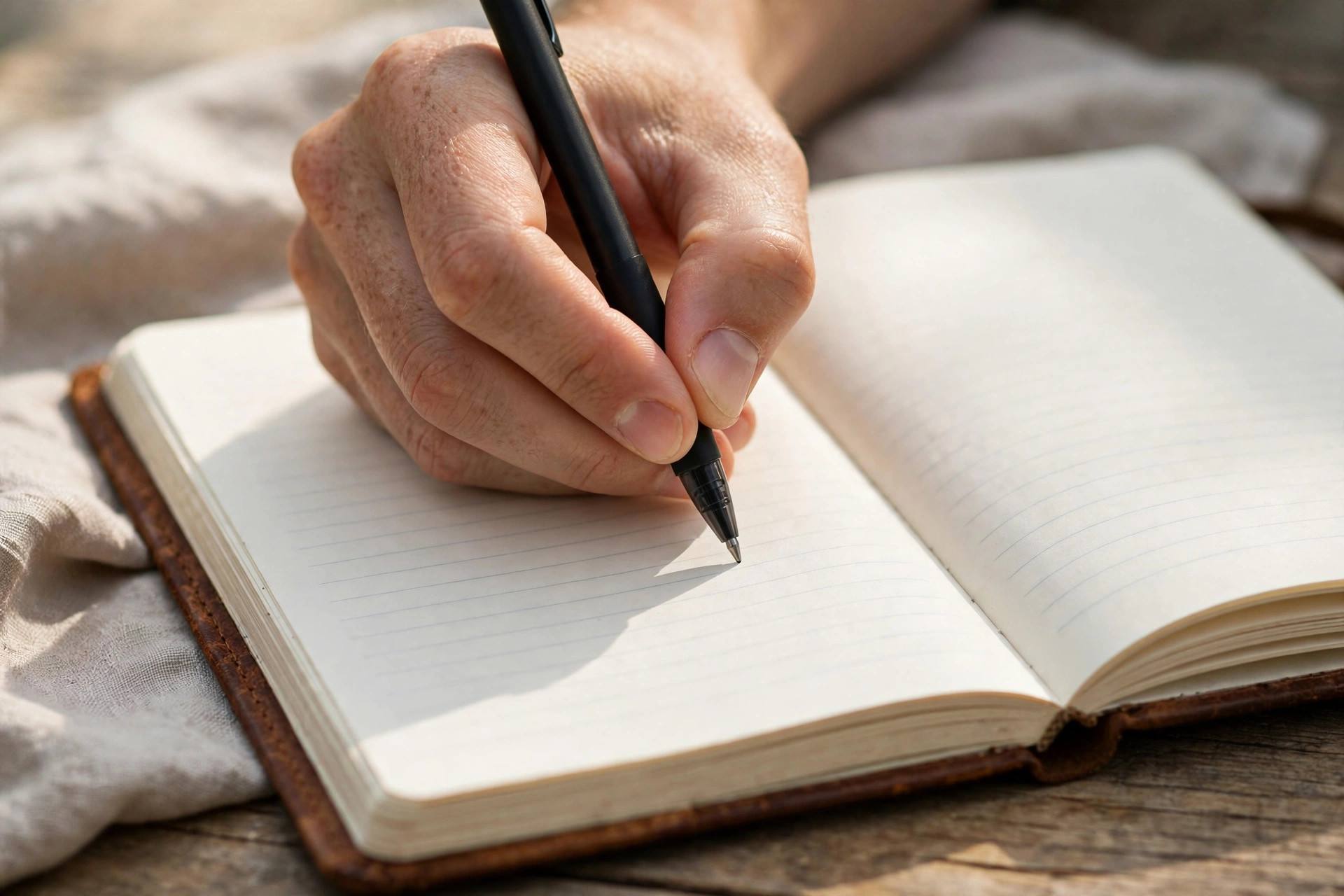 A hand writing in a journal with a cup of tea nearby on a wooden desk