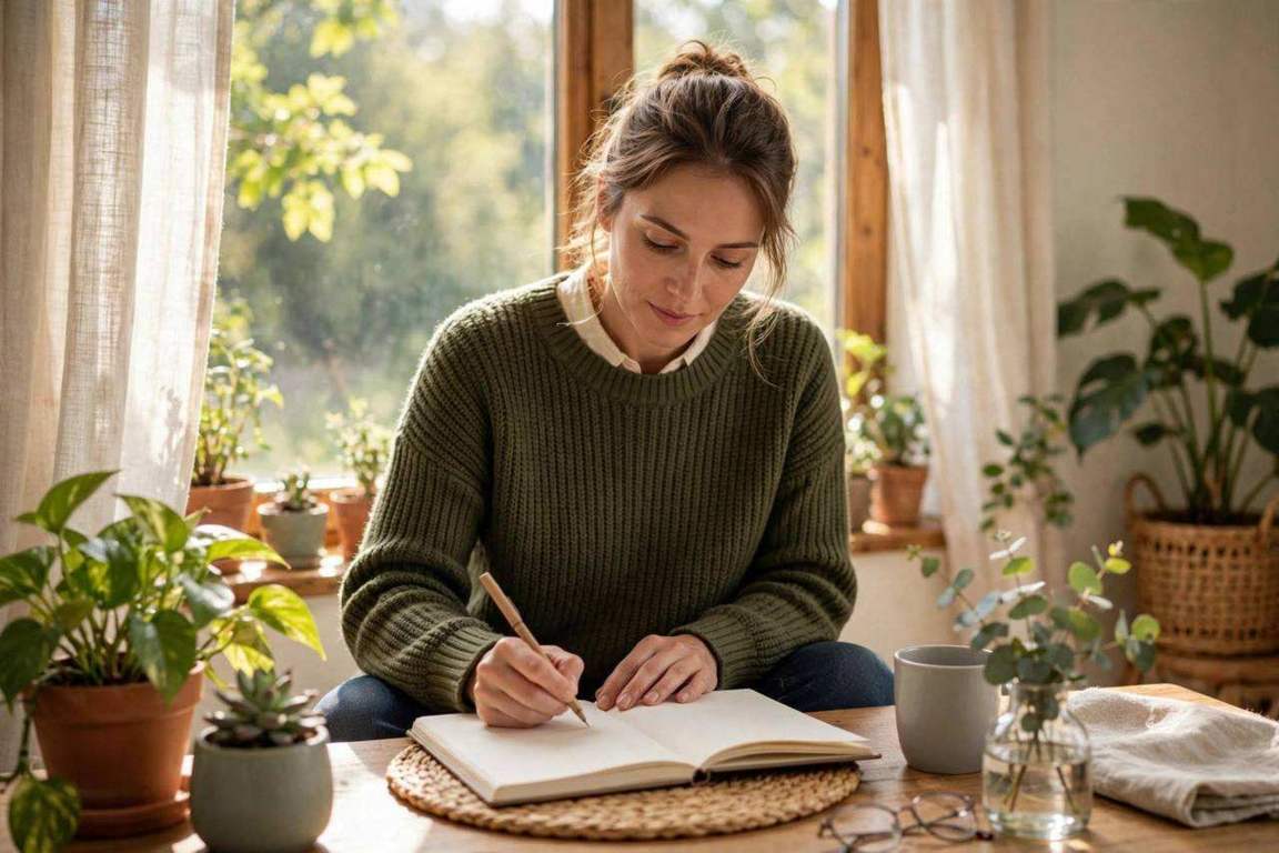 Woman writing in a journal by a sunny window with plants nearby