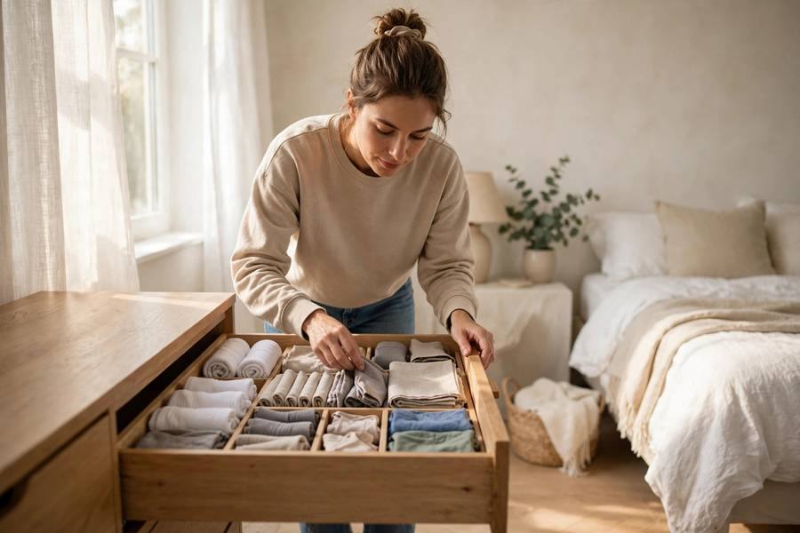Person starting to declutter a single organized drawer in a bright room