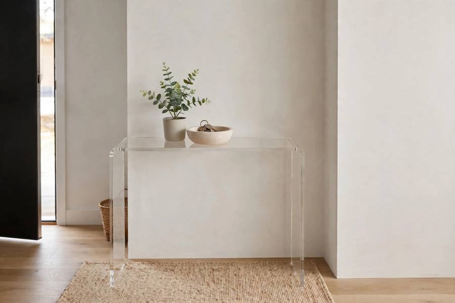 Minimalist entryway with clear surfaces and a small plant