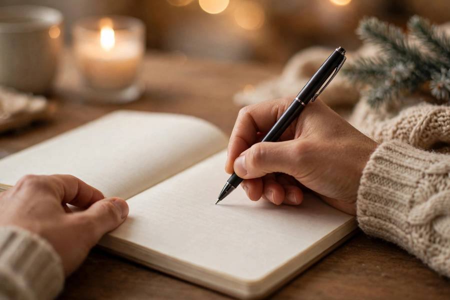Hands writing a minimalist goals list in a notebook