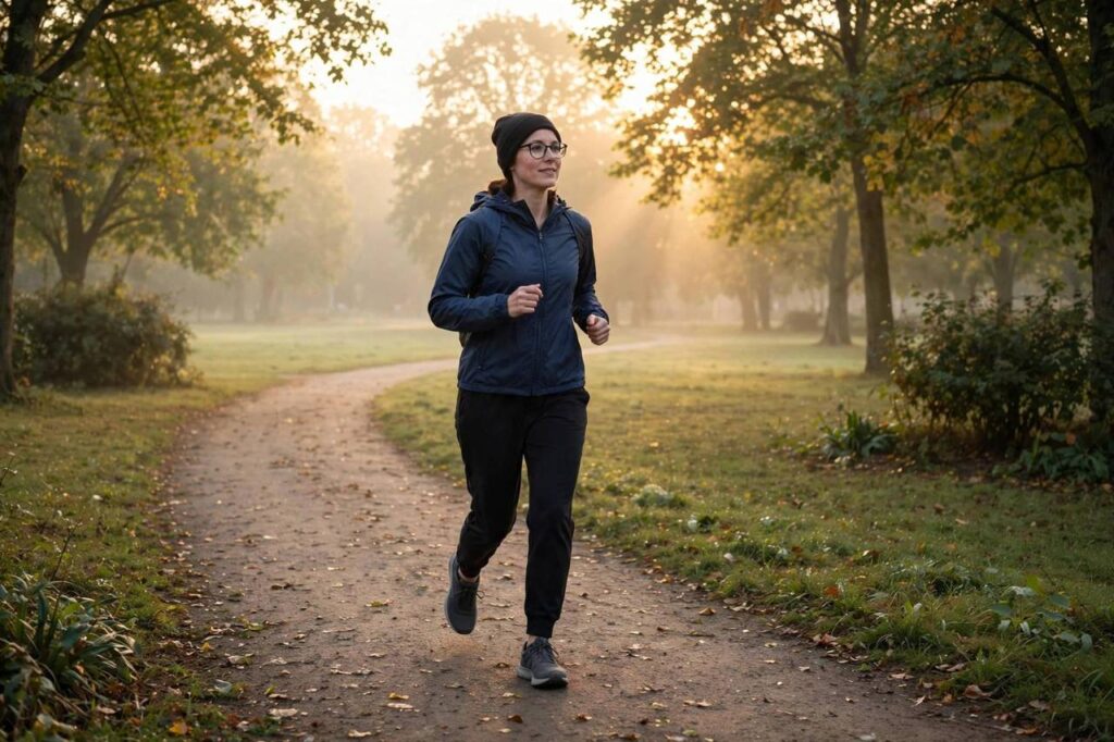 Beginner runner jogging on a park path at sunrise