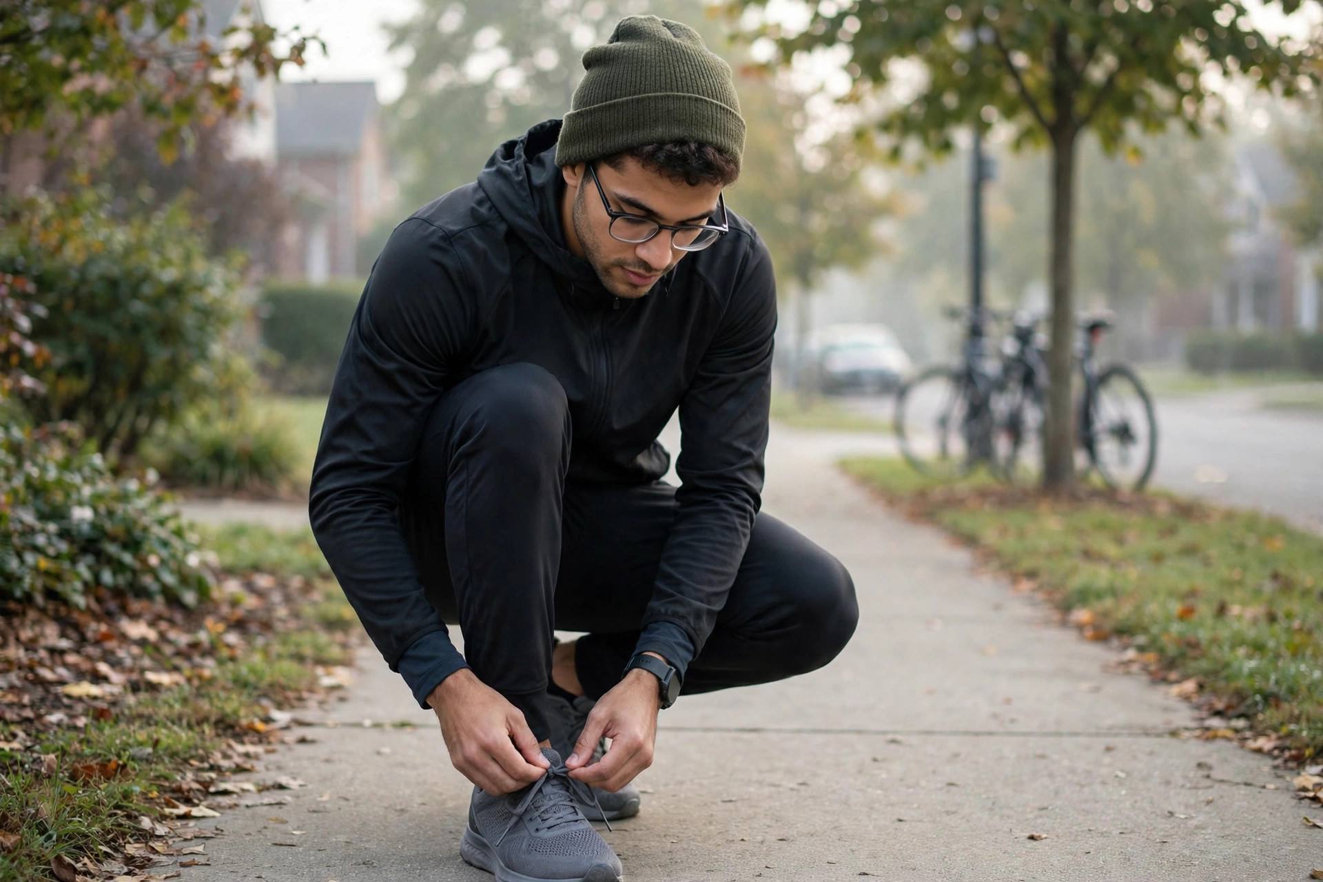 New runner tying running shoes before a morning run