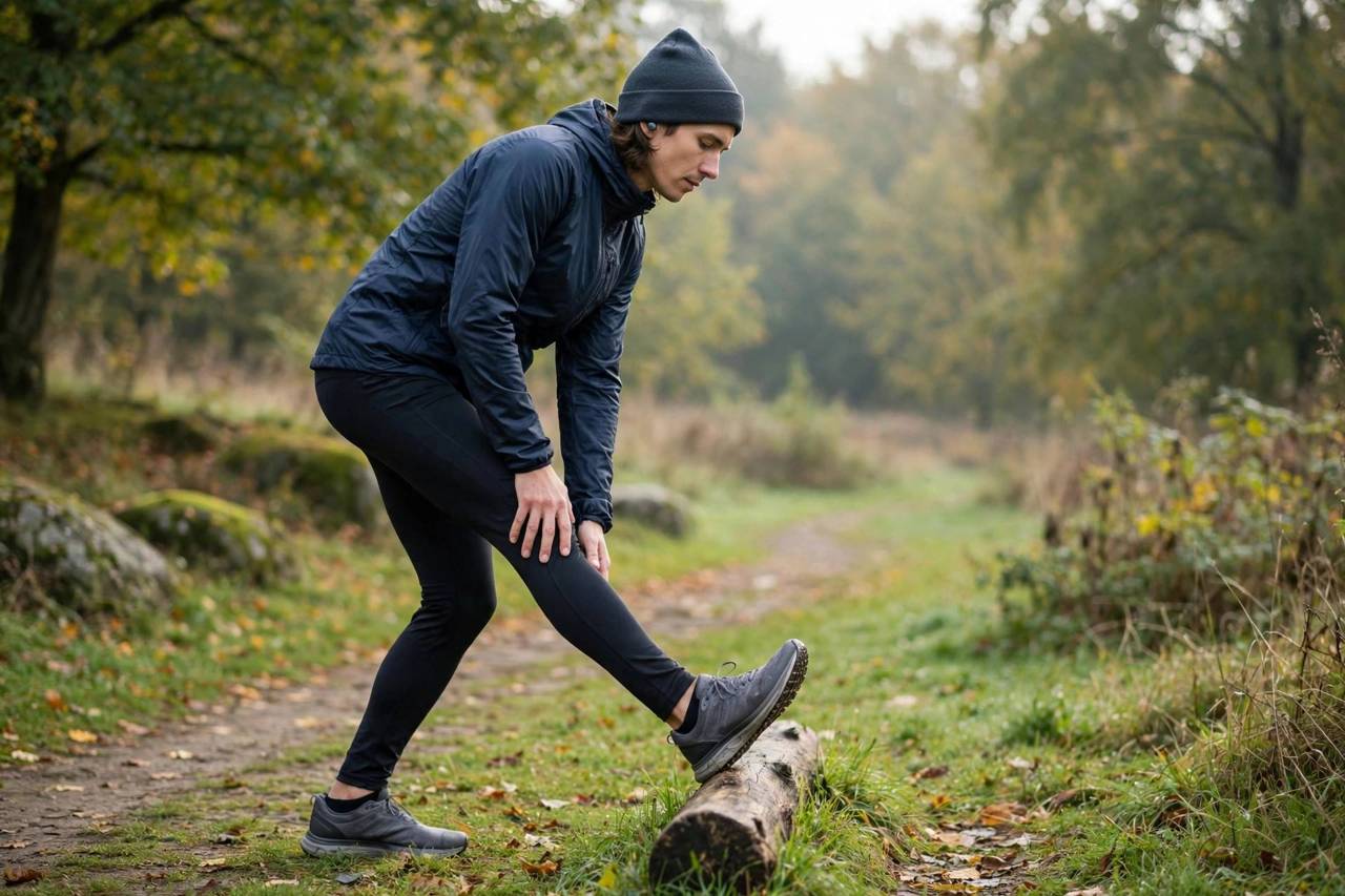 Runner doing a gentle warm-up stretch outdoors