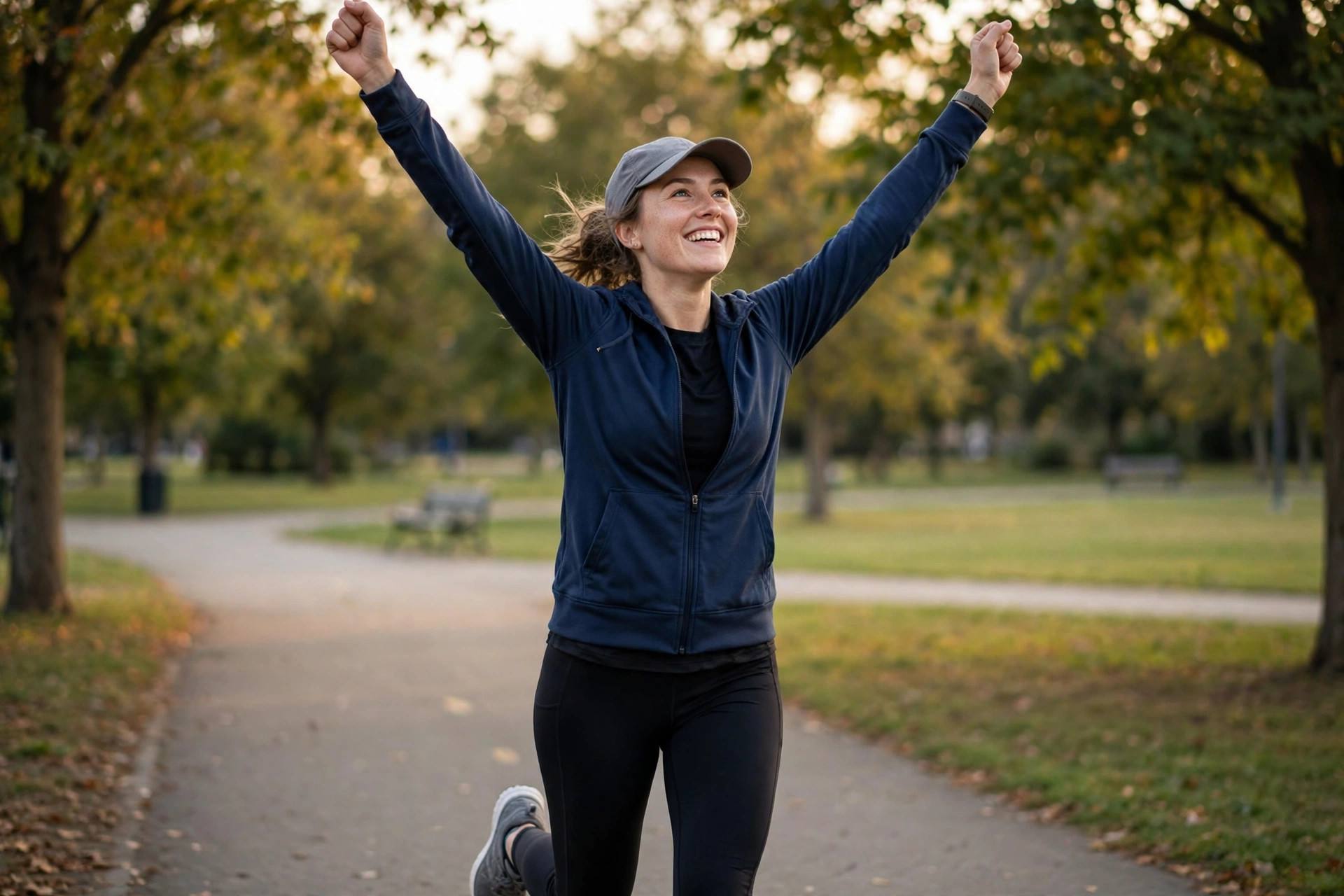 Happy beginner runner finishing a run with arms raised