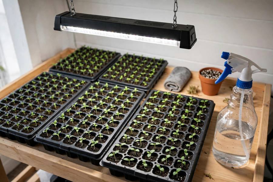 Indoor seed starting setup with cell trays of seedlings under a hanging shop light
