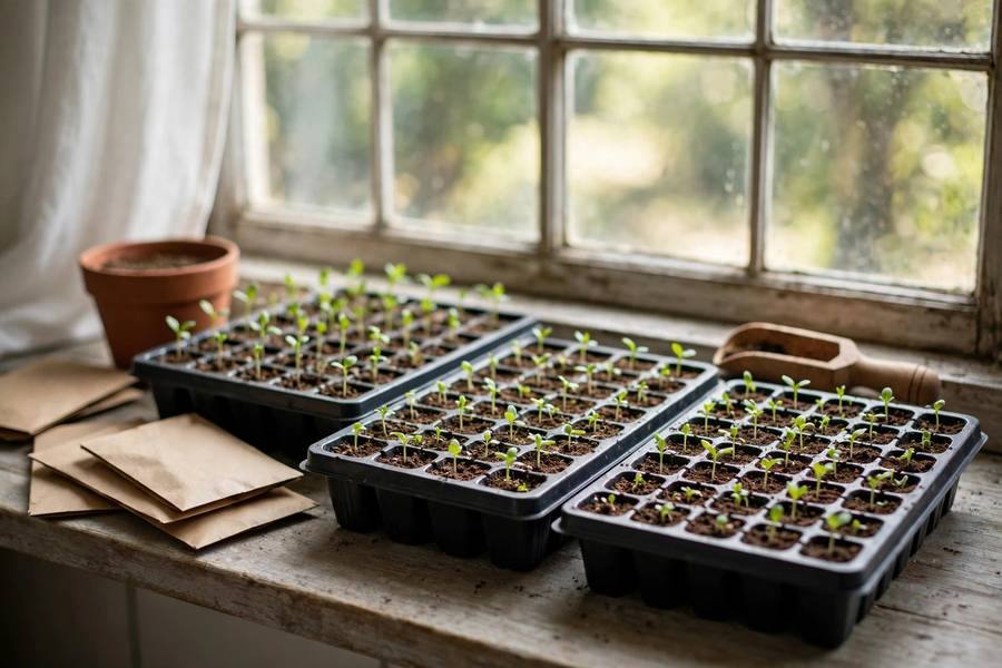 Close-up of young tomato seedlings with first true leaves in a cell tray