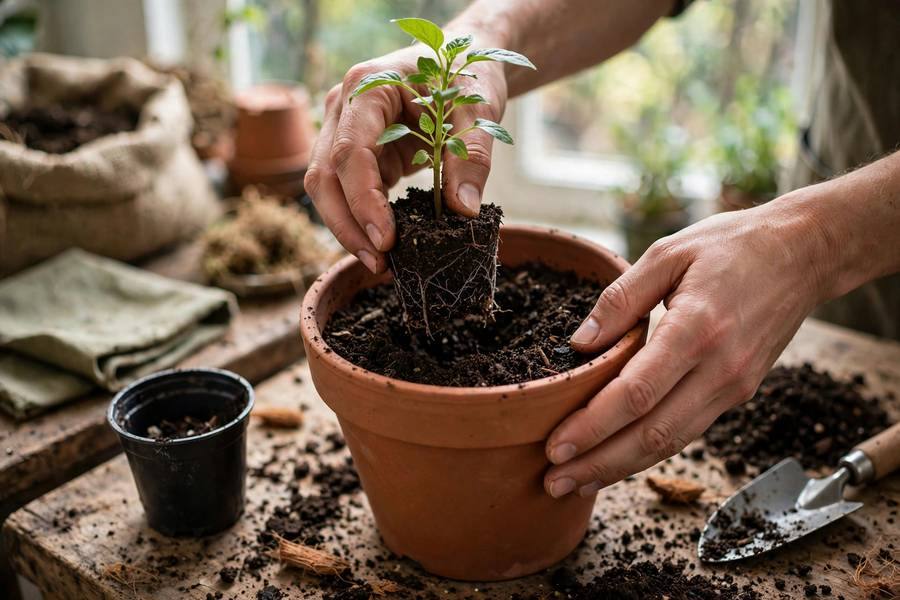Hands potting up a sturdy seedling into a larger pot on an indoor bench