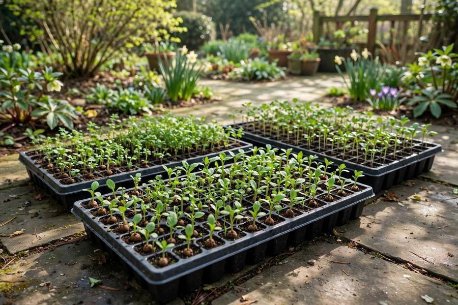 Seedling trays hardening off outside on a patio in dappled spring shade