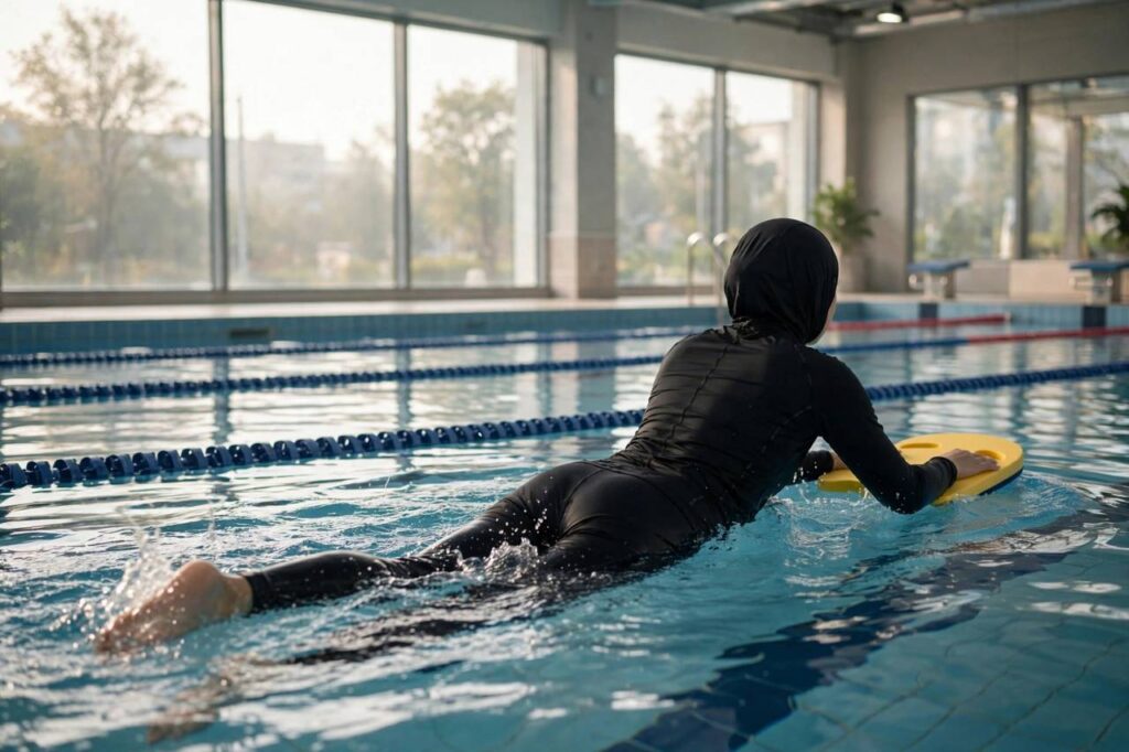 Beginner swimmer doing a freestyle kick drill with a kickboard in a calm indoor pool