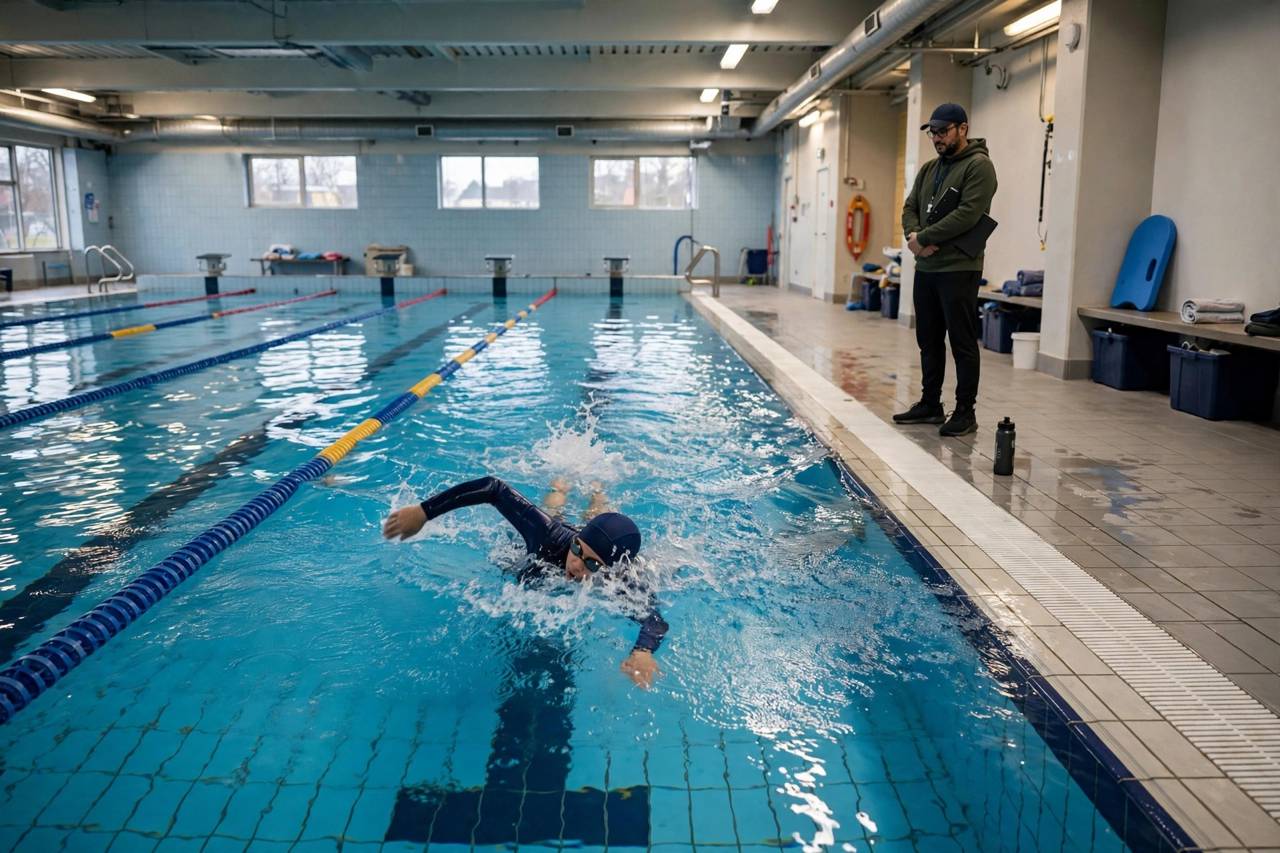 Swimmer practicing freestyle arm technique in a pool lane with a coach watching from the deck