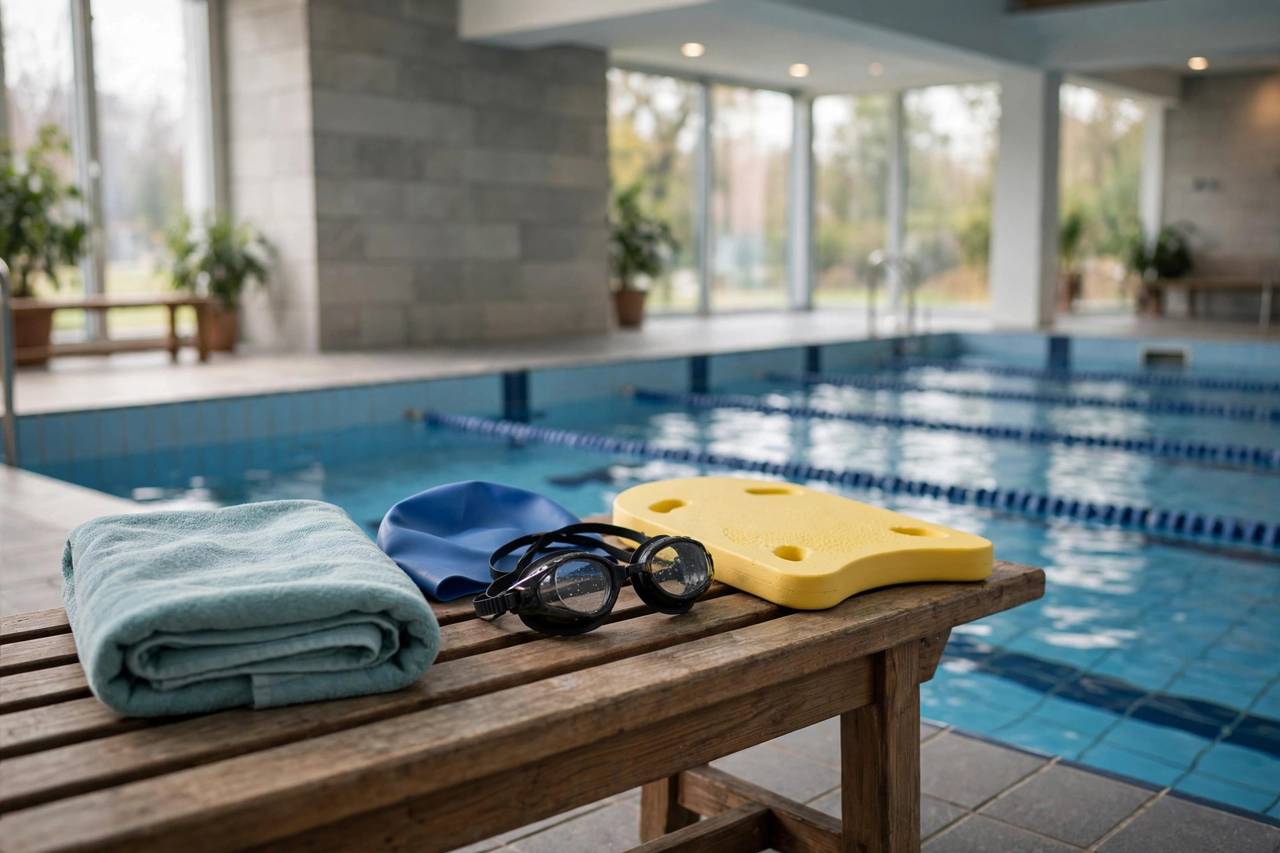 Swim goggles, cap, kickboard and towel arranged on a bench beside an indoor pool
