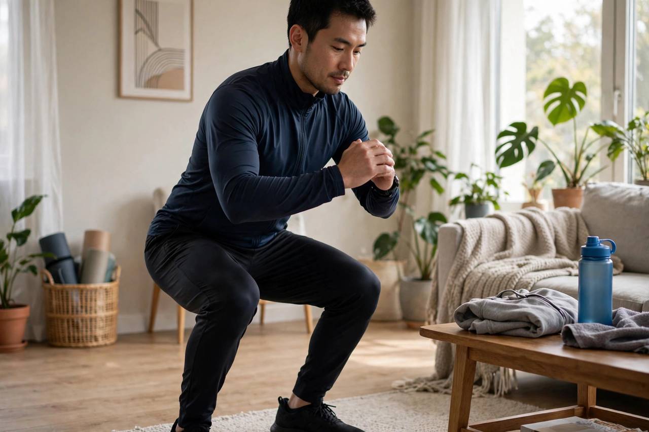 Person in modest full-coverage athletic wear doing bodyweight squats at home during the first phase of returning to exercise