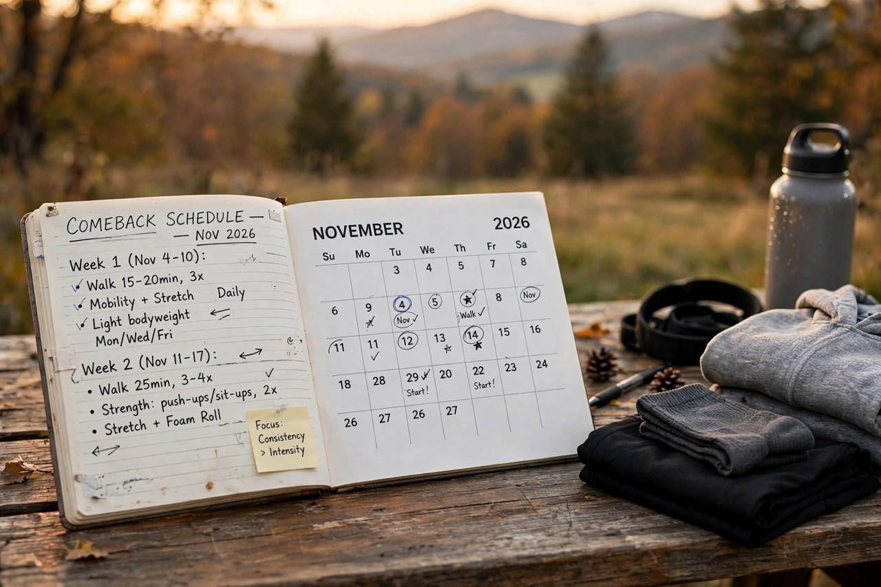 Calendar and workout journal on a table next to modest gym clothes, planning a comeback training schedule