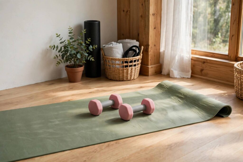 A pair of beginner-friendly dumbbells and a yoga mat in a home gym corner