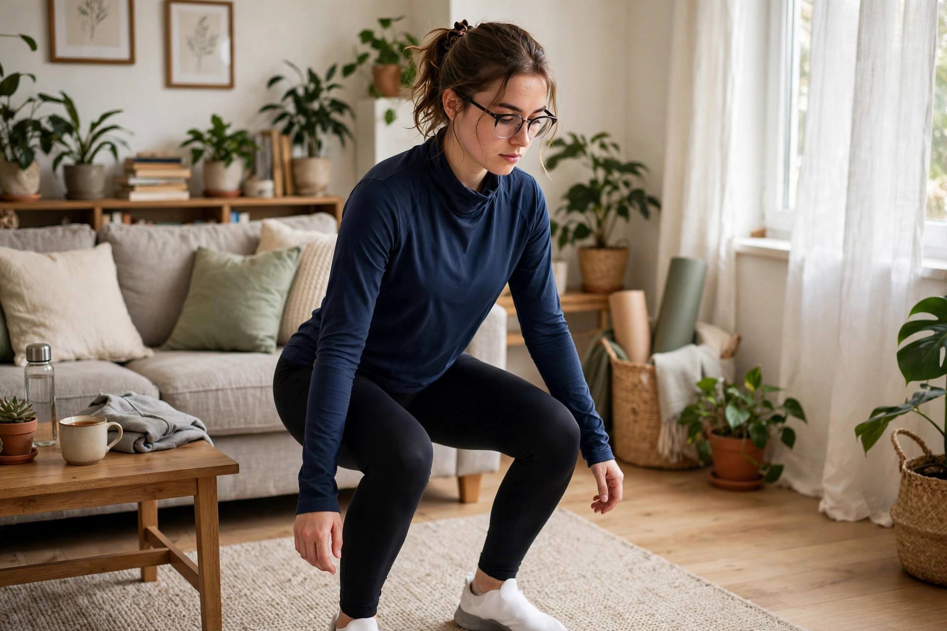 A beginner doing bodyweight squats in a bright home living room, wearing modest full-length athletic wear