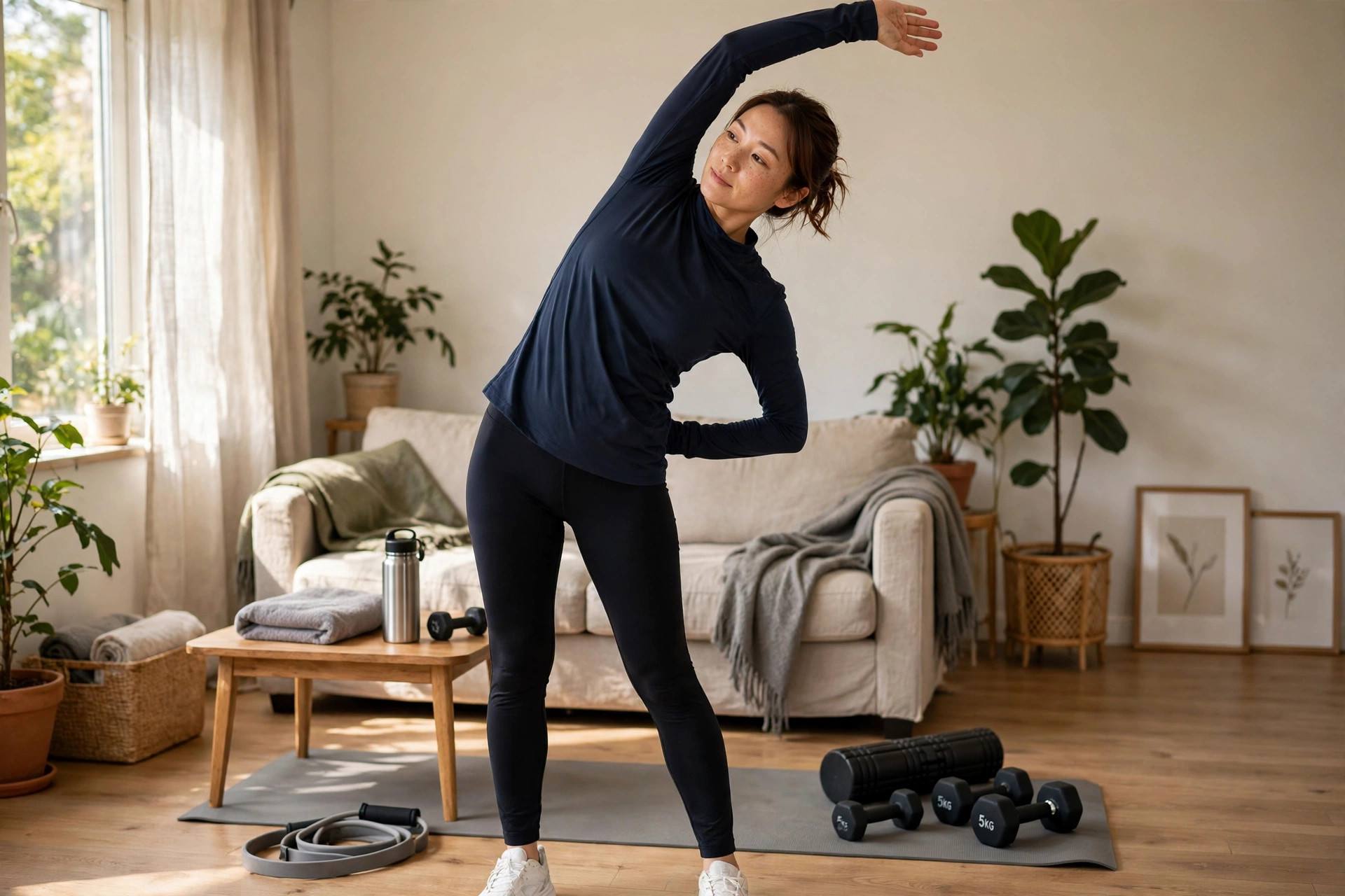 A person stretching after a home workout in modest athletic clothing