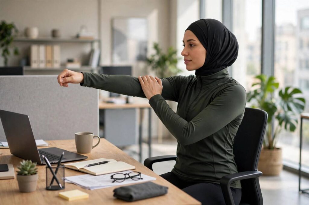 Office worker in modest clothing doing seated desk stretches at a clean workstation
