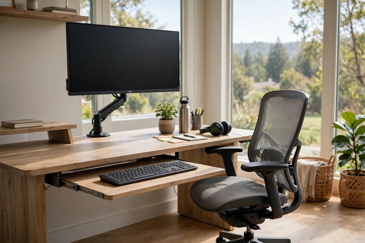 Ergonomic desk setup with monitor at eye level, supportive chair, and keyboard tray in a home office