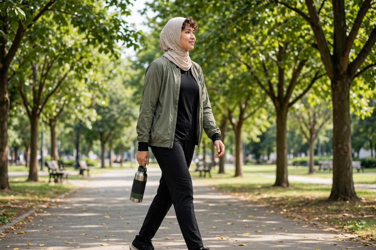 Person in modest office clothing taking a walking break outdoors between work sessions