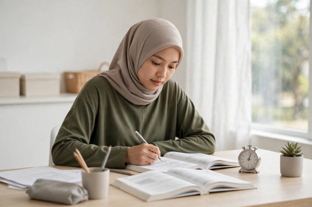 Student studying at a clean desk with books and a timer, no phone visible