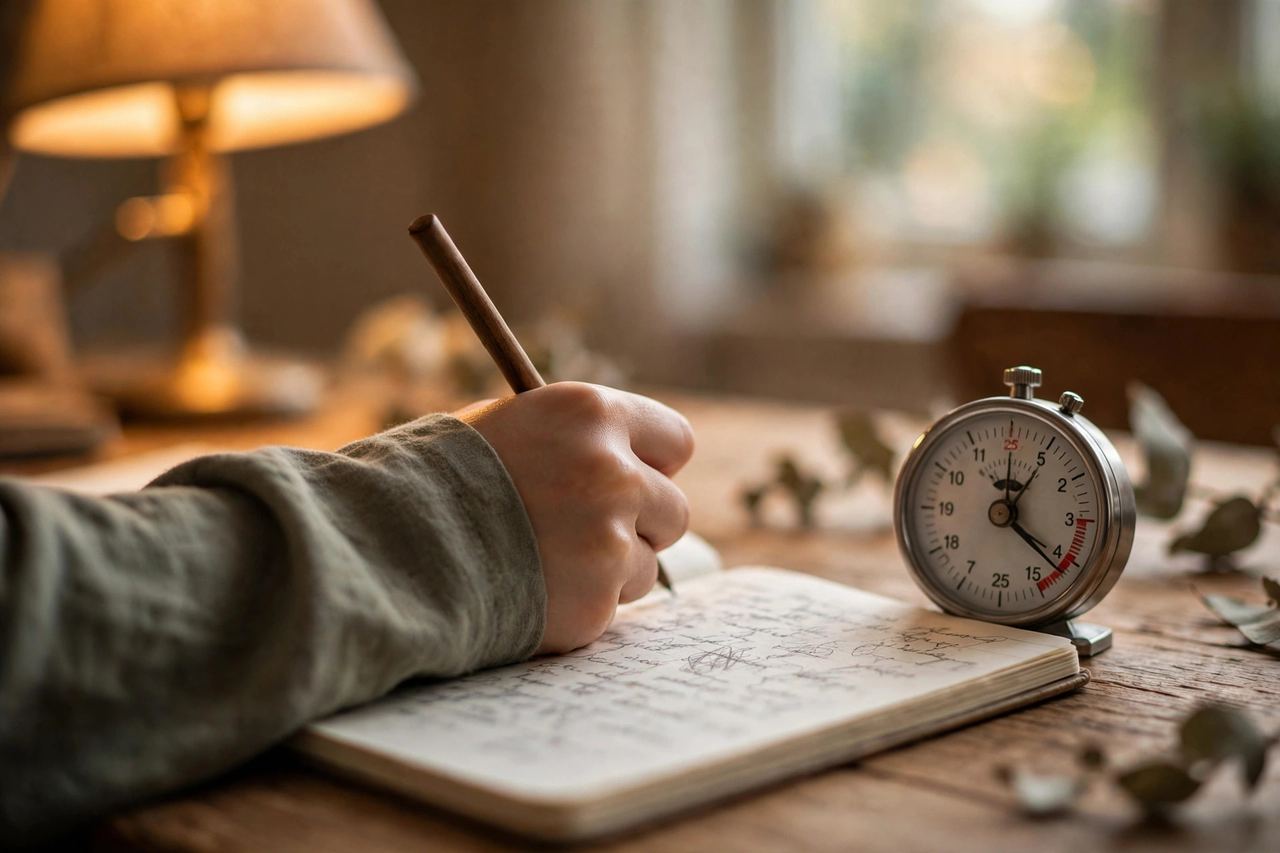 Close-up of a student writing notes with a 25-minute timer beside the notebook