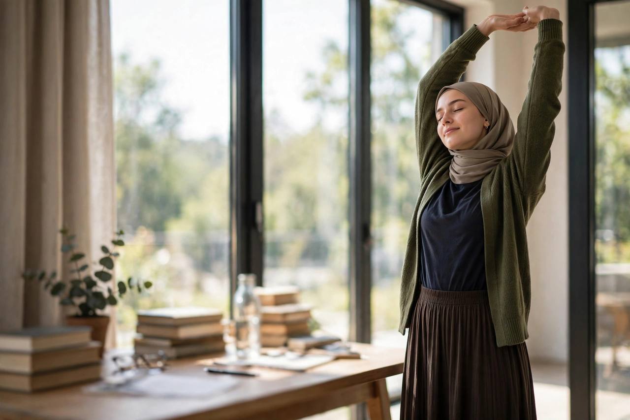 Student taking a short stretch break by a window during a study session