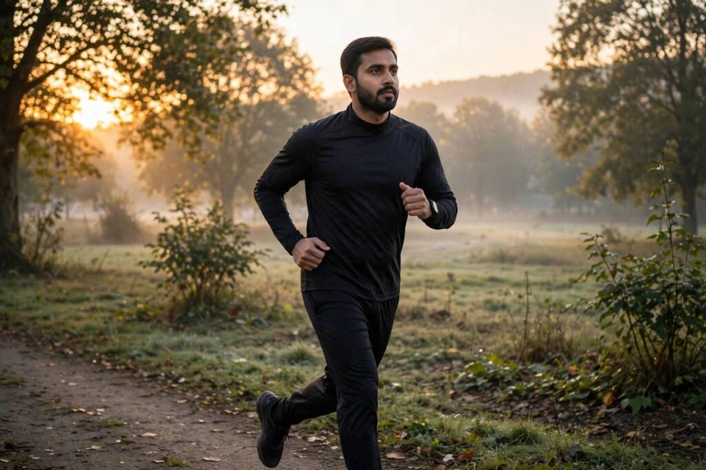 Man in modest full-coverage workout clothes, long-sleeve shirt and full-length pants, jogging outdoors at sunrise