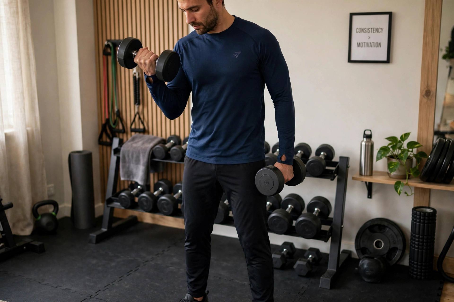 Man in full-coverage modest athletic wear, long-sleeve top and full-length training pants, doing dumbbell exercises in a home gym