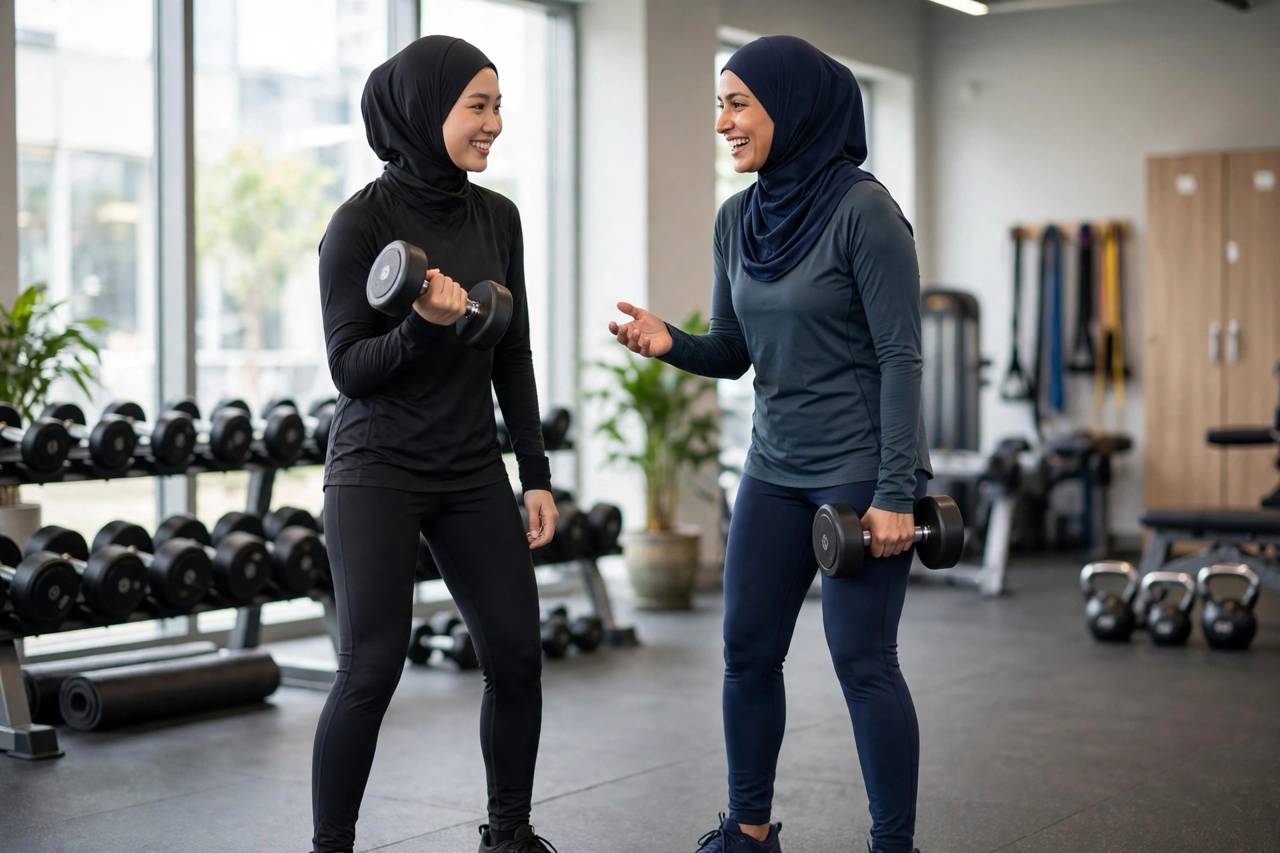 Two workout partners in modest full-coverage athletic wear training together with dumbbells in a gym