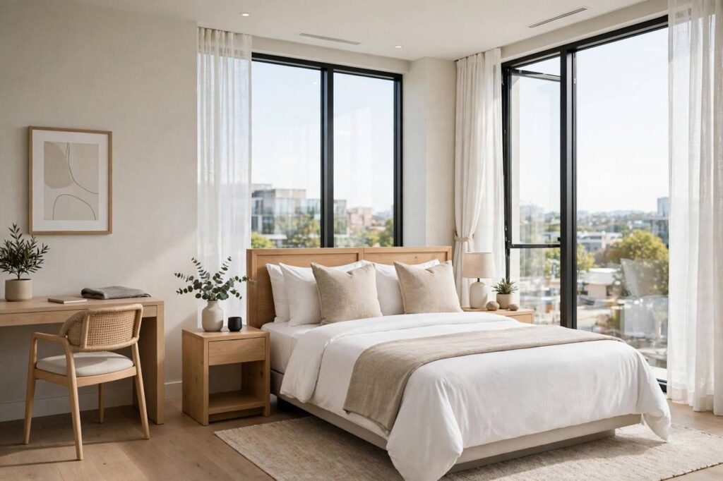 A bright clean hotel room interior with a neatly made bed and large windows