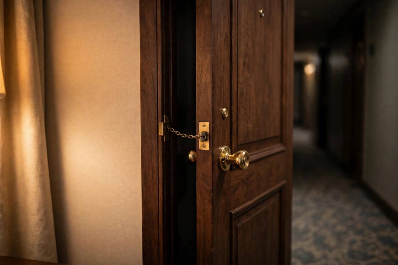 A hotel room door with a security chain latch engaged, viewed from inside