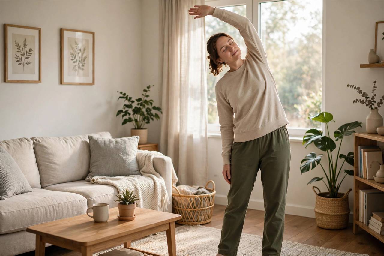 Person in modest athletic wear doing a short morning stretch routine in a living room