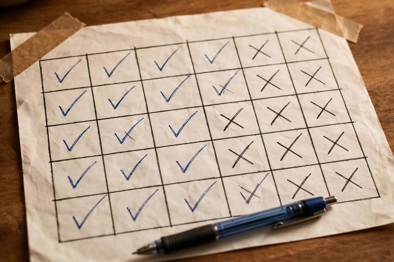 Wall calendar with hand-drawn checkmarks tracking a daily routine streak