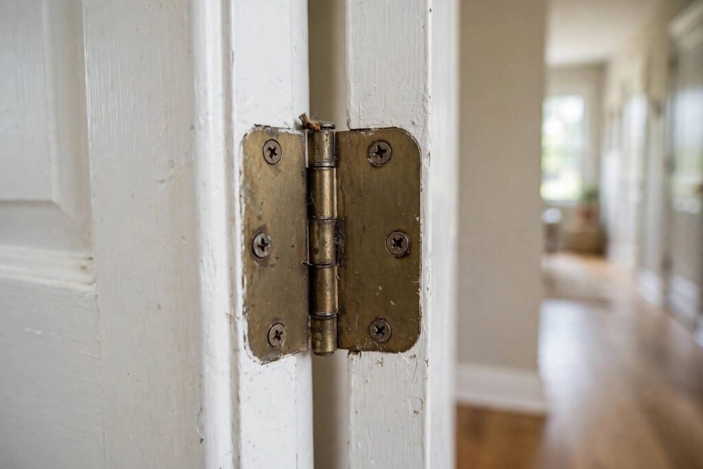Close-up of a squeaky interior door hinge on a white wooden door in a home hallway