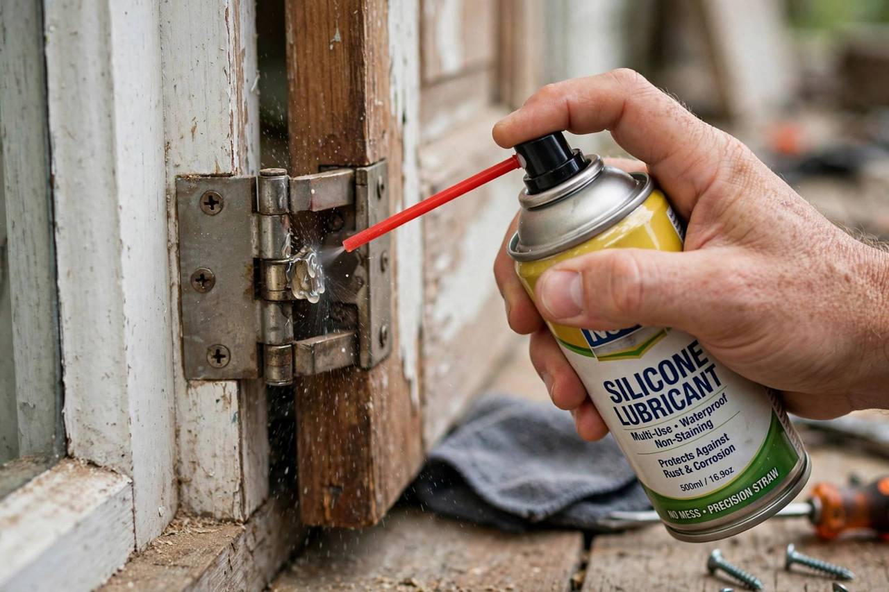 Hand spraying silicone lubricant into a door hinge with the straw nozzle, close-up of the hinge knuckle