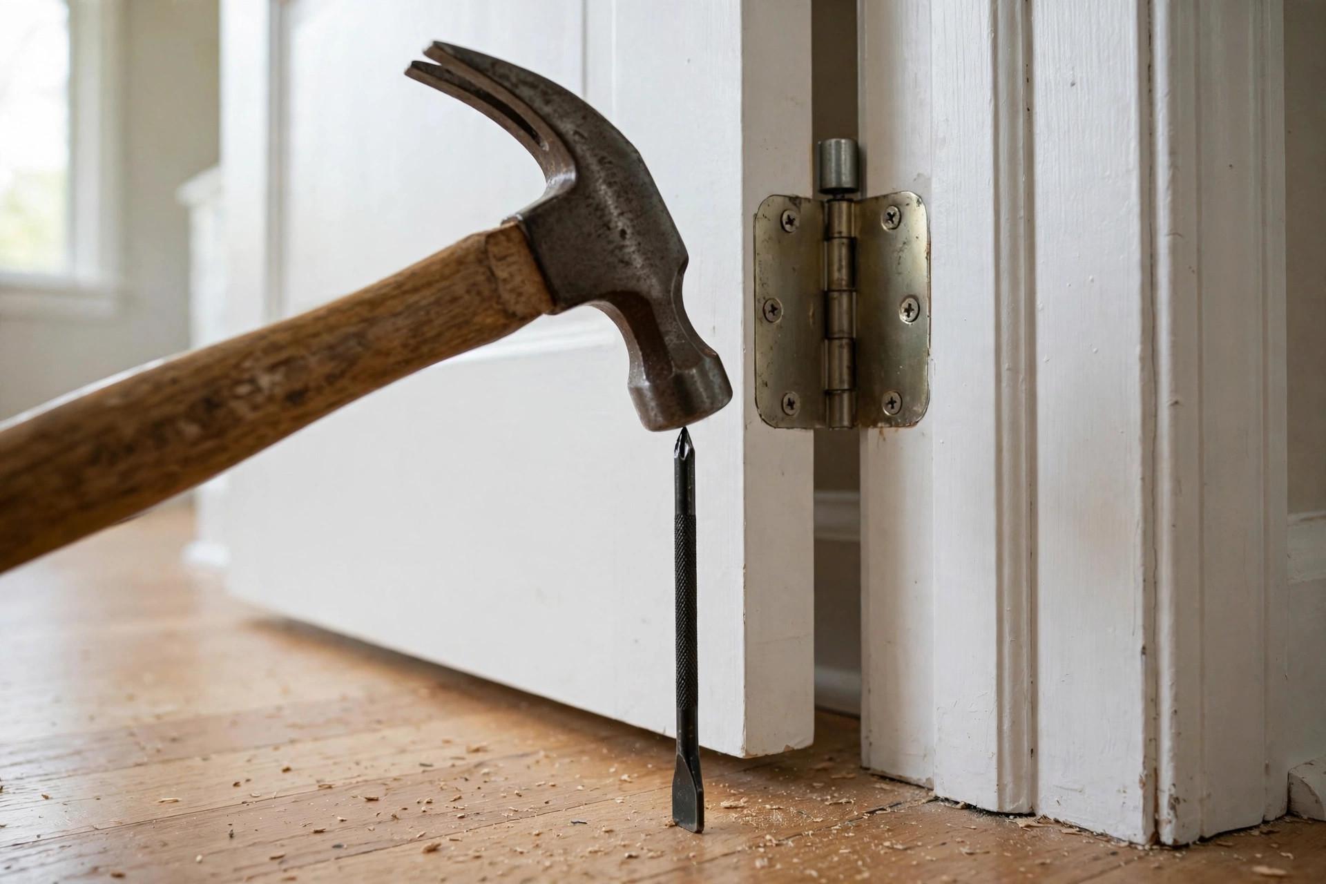 Door hinge pin being tapped upward with a hammer and nail set