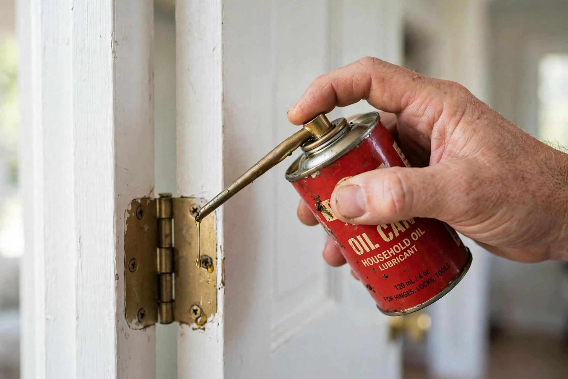 Hand applying lubricant to a door hinge pin